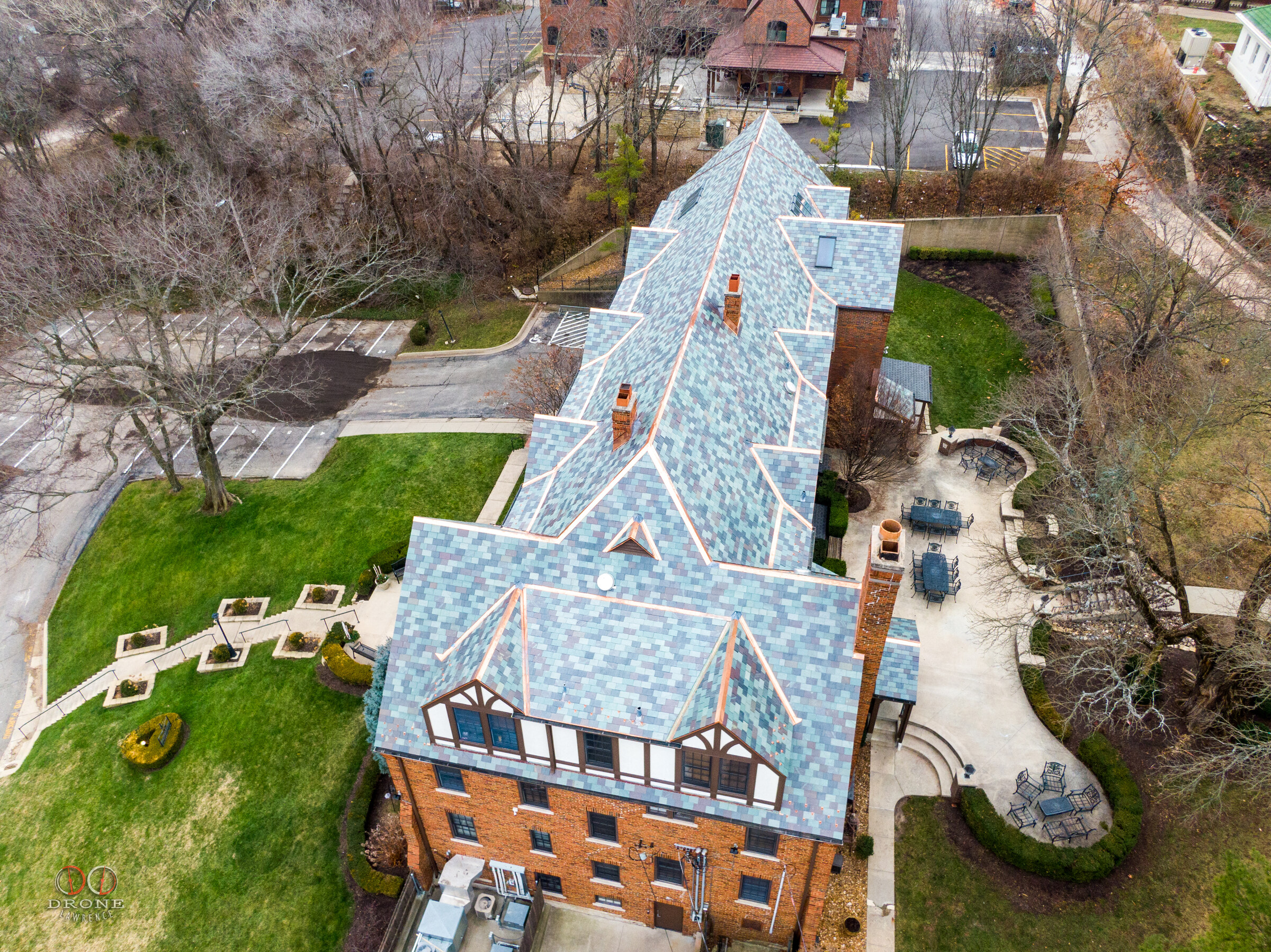 Natural slate roof aerial — KKG Sorority completed project